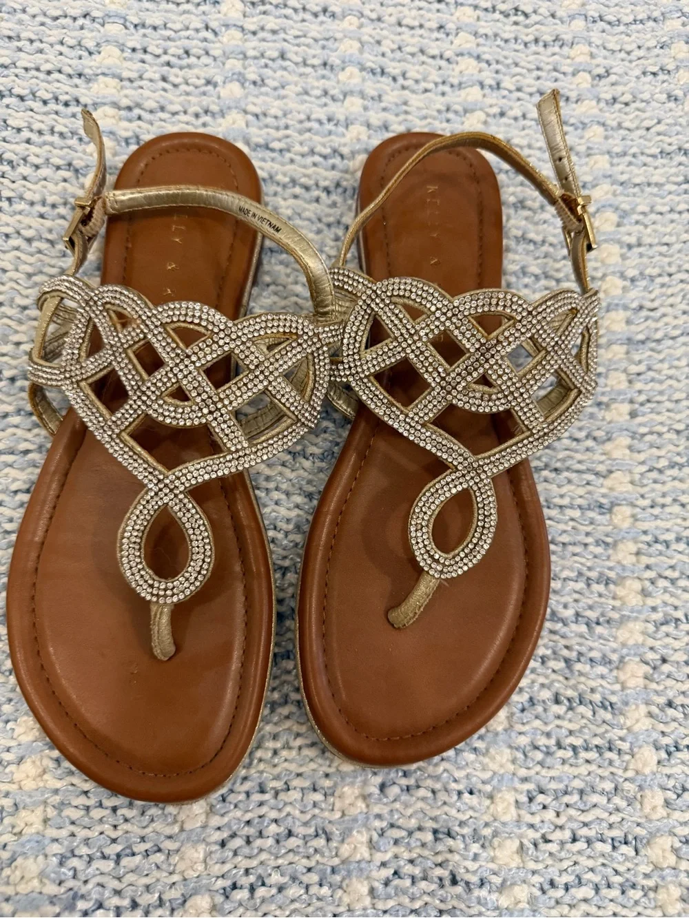 Kelly & Katie Gold and Brown Beaded T-Strap Sandals